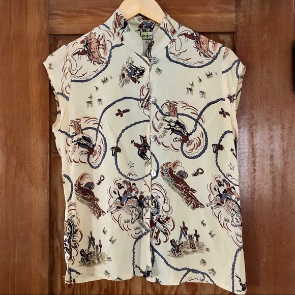 Loco Lindo Tops - Vintage western print 40’s style silk blouse